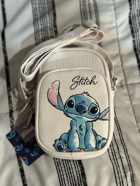 Disney White Crossbody Bag with Blue and Pink Stitch Art